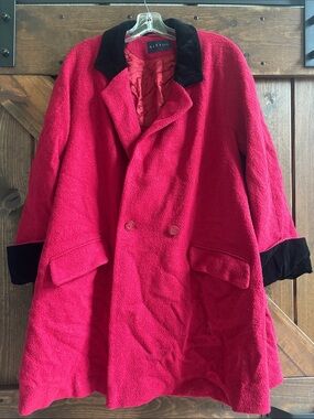 Women's Bright Pink Wool-Blend Coat with Black Velvet Trim
